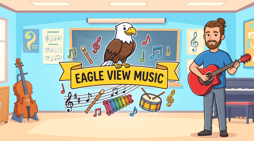 Eagle View Music Classroom illustration featuring the school eagle mascot and music instruments
