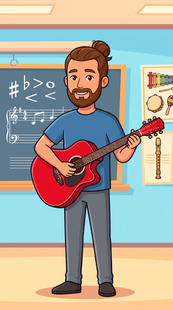 Mr. Walby holding his red acoustic guitar in the music classroom
